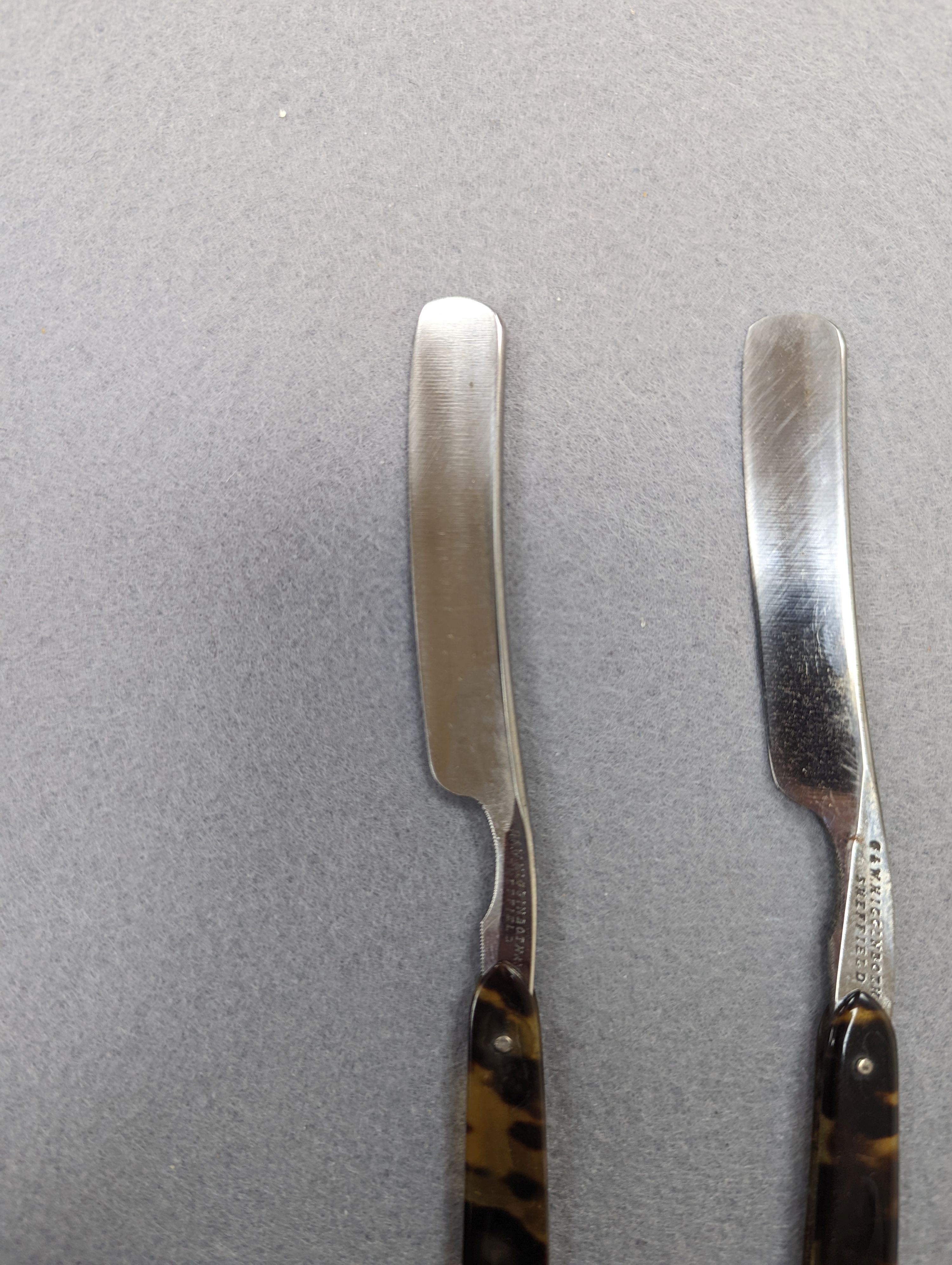 A set of seven tortoiseshell handled cut throat razors for the days of the week Wilkinson and a cased pair of tortoiseshell handled razors, C&W Higginbottom
